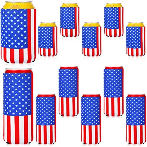 12 Пакет Американско Знаме Може Ладилник Ракав Патриотски Тенок Пиво Може Ракав Неопренови Тенок Шише Ракав Независност ден 4 јули Склопувачки