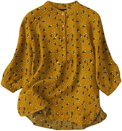 Плус големина на врвови за жени, памучни врвови лето плус големина случајна печатење со долг ракав лабава блуза со кошула V-врат