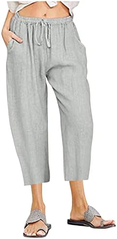 LCEPCY LENEN Capri панталони за жени случајни летни влечења со широки панталони со широки нозе, лабави пакувања со џебови