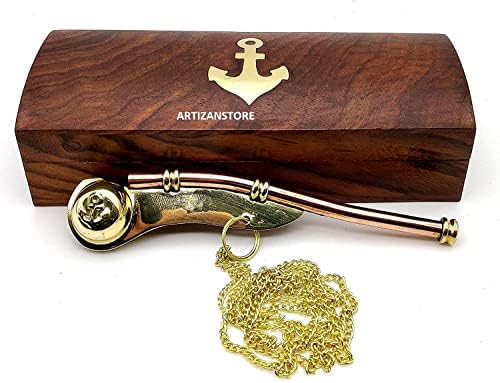 Колекција на ArtizanStore Наутички поморски месинг/бакар чамци свиреж ~ цевка за повик на босун ~ со дрвена кутија