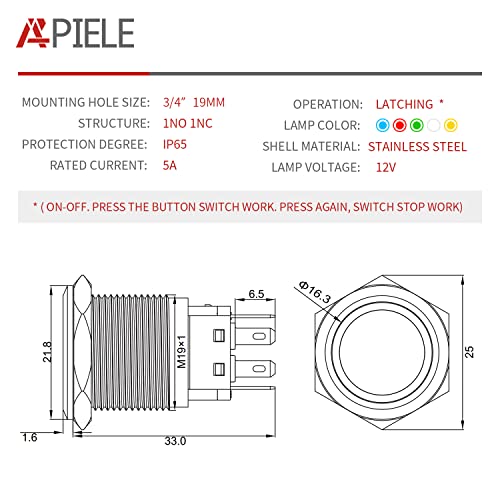 Прекинувач на копчето Apiele 19mm Latching Push 12V DC Angel Eye Halo Ring LED метал 0,74 1NO1NC SPDT со приклучок за приклучок за жица