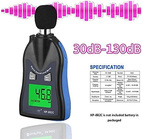 Мерач на бучава на ниво на дигитален звук на UOEIDOSB 30-130dB Аудио детектор за децибела за мониторинг тестер LCD паметен сензор