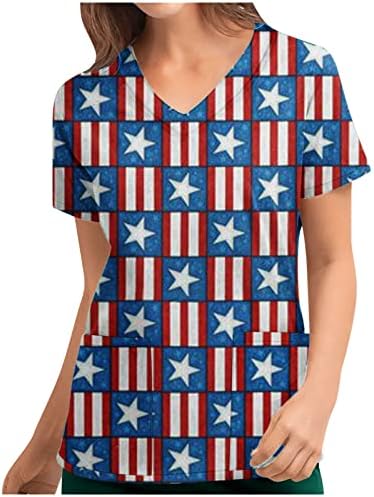 Американско знаме печатено работна облека за жени V-вратот симпатична патриотска чистачка блуза со маица со туники со 2 странични џебови