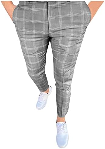 Панталони од пот, машки тенок фит фустан панталони карирани печати рамни предни панталони за фустани за истегнување деловни панталони