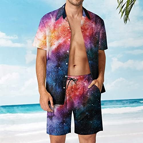Вселенска маглина мажи 2 парчиња хавајски постави копче-долу кошули со кратки ракави панталони лабави фит манжетни тренерки