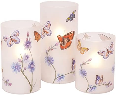 Пеперутки и диви цвеќиња со светлосни стаклени свеќи за стаклени столбови, сет од 3, 6 инчи