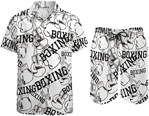 Weedkeycat боксерски ракавици машка облека за плажа 2 парчиња хавајски копче надолу со кошула Краток ракав и шорцеви