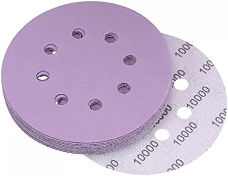 Uxcell 15pcs 5-инчни дискови со виолетова пескарење 10000 решетки 8 дупки кука и јамка Професионална алуминиум оксид песок хартија Влажен сув лак за финиш од дрвена метална