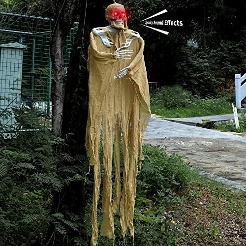F Figoal 5,5 ft Halloween LED скелет виси украси на духови, врескајќи череп со духови со глас активиран застрашувачки и трепкачки очи гаден за домашен двор надвор
