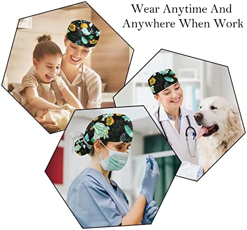 2 ПЦС медицинска сестра за чистење жени со долга коса, кактус цвеќе прилагодливо работно капаче со копче и џемпери разнобојно разнобојно