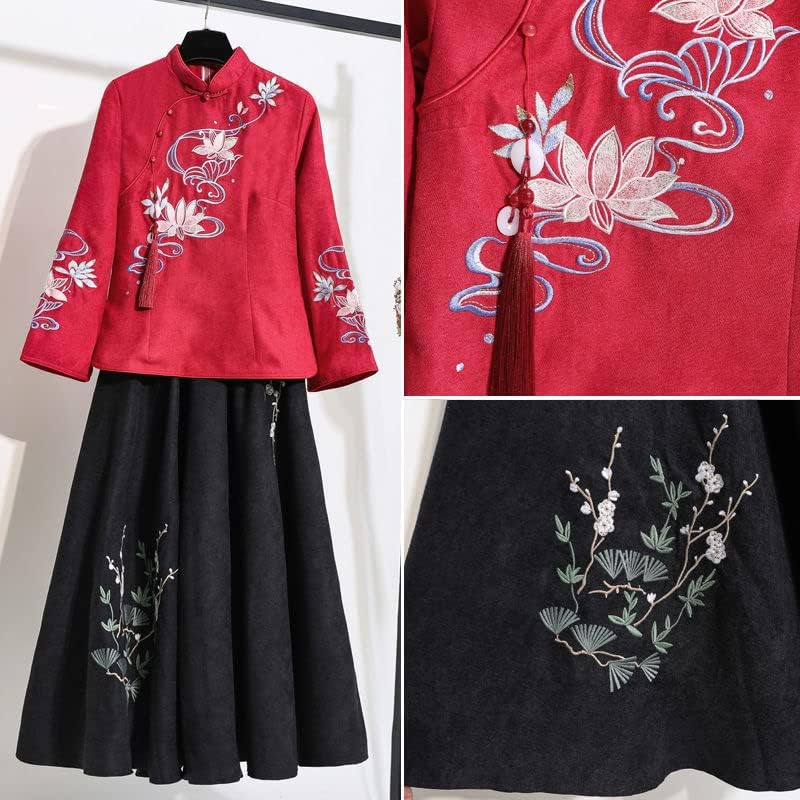 Дво парчиња сет пролетни танг-костуми за вез со долг ракав Кинески стил Подобрена верзија Тенки Ханфу жени врвови + сет на здолништа