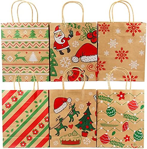 Оргримамар 24 компјутери Божиќни Крафт торби за подароци со средна големина разновидни Божиќни отпечатоци Крафт хартиени торби за забави