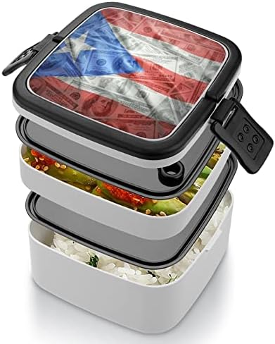 Порториканско Знаме На Долар Пари Кутија За Ручек Пренослива Двослојна Бенто Кутија Контејнер За Ручек Со Голем Капацитет Со Лажица