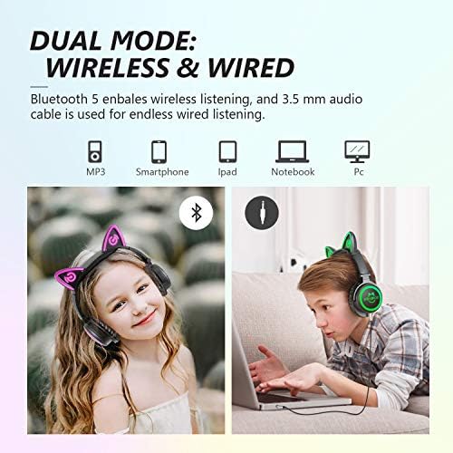 Mindkoo Деца Безжични Слушалки Bluetooth, Мачка Уво Над Уво Слушалки, LED Светне 7 Боја Трепка, Безбедно Преклопување Слушалки