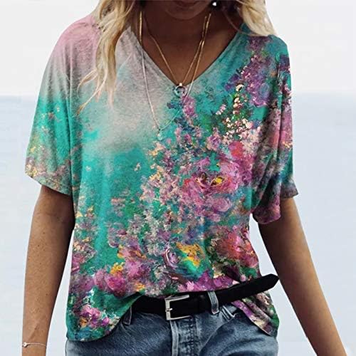 Lutенски летни кратки ракави маички против вратот шарени цветни печатени тунични маички трендовски обични лабави плус големина блуза блуза