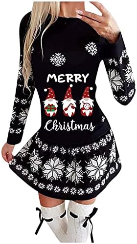Нархбрг Божиќни Мини Фустани За Жени Пуловер За Печатење Букви Фустани Со Боди Симпатични Божиќни Џемпери Со Долги Дуксери На Екипажот