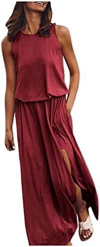 Womenенски резервоар без ракави, облечен во проток, максичен фустан со џебови 2023 летен еластичен половината лабава плус големина на измиеност