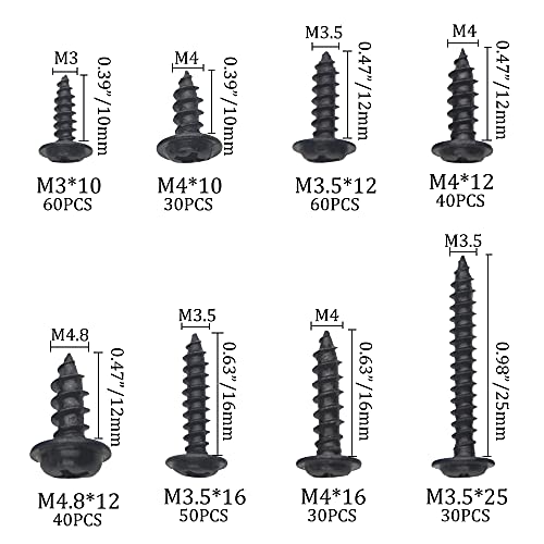 Xingyheng 340pcs 8 видови M3 M3.5 M4 M4.8 Црна завртка за самопочитување црна завршница од не'рѓосувачки вдлабнатина, комплет за асортиман