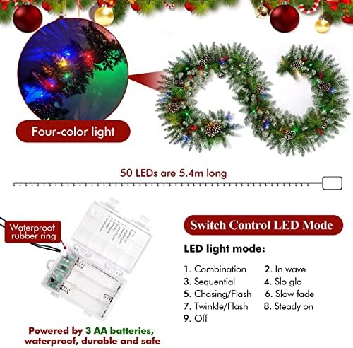 Кевизево Божиќна Венец Со Светла, 9 Стапки 50 ЛЕД 8 Режими На Светлина Батерија Божиќна Светлина, Венец, Венец Со Батерија, Внатрешни Божиќни