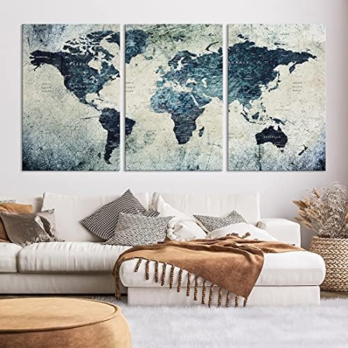 Голем wallиден уметнички светски мапа на платно печатење - гранџ мапа на галерија со платно wallид сет од 3 панели подарок за патник,