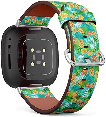Q -грав Заменски кожен опсег за часовници, компатибилен со Fitbit Versa 3/4 и Fitbit Sense/Sense 2 - Hibiscus Tropical Leaf од ананас од хибискус