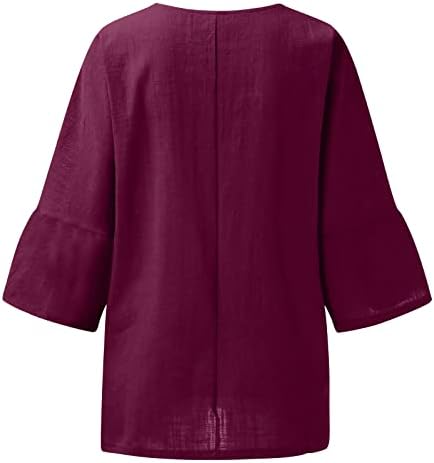 Велигденски кошули за жени, летни 3/4 ракави врвови на обични кружни врат блузи меки памучни постелнини врвови графички маички кошули