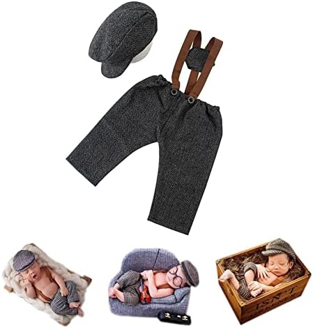 Коберлус новороденче за бебиња со фотографии Проверени ткаенини момчиња рамна капа и панталони за суспензија Ромпер фотографија
