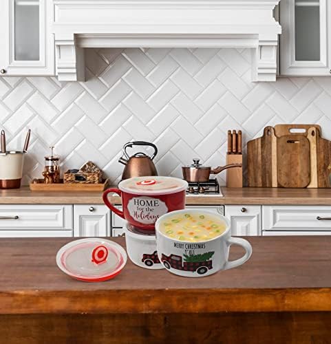 Kovot 24oz Керамички Божиќ со тематски садови поставени со капак и рачка - Употреба за рамен, супа, житни култури и како кригла