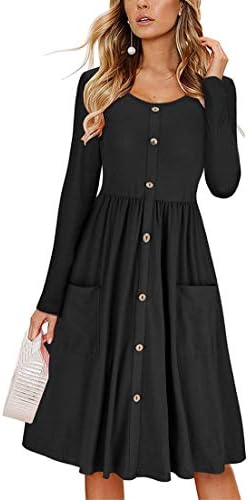 Andongnywell женски солидна боја со долги ракави со долги ракави со долги ракави, облечен во миди фустан со џебови