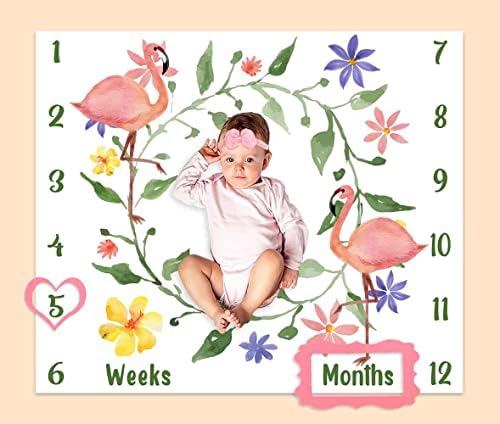 Месечното пресвртница на Phmojen Flamingo за бебе бебе, 48 x40 мека фланелна акварел тропски цвет остава меморија за раст на меморијата