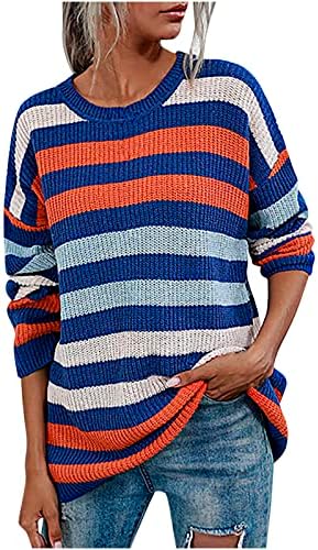 Womenените вафли плетени пуловер врвови дами мода во боја блок лента долга ракав О-врат лабава обична џемпер трикотажа