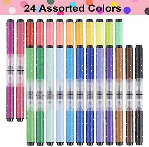 Kekelele Dual Tip Dot Markers за деца, 24 бои со пенкала за маркери, маркери за перење за боење на списанија за списанија DIY нагласувајќи го