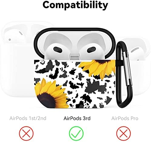 Сончогледот крава печати AirPods Case Compatotable со AirPods 1 & 2 - Cover AirPods со ланец на клучеви, целосен заштитен издржлив шок -изобилство