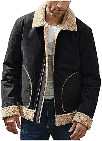 Јакни Xiaxogool за мажи, машко стрижење палто faux suede sherpa наредена зима згусне топла јакна со џебови