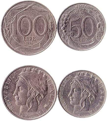 2 монети од Италија | Колекција на италијански монети сет 50 100 лири | Циркулирана 1990-1995 | Даб венец | Маслиново | Долго копје | Вулкан