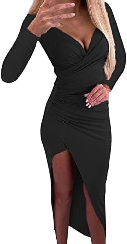 Hdgtsa секси дами клубска облека со низок исечен v врат со долг ракав тенок тесен долг женски фустан продолжена неправилна забава