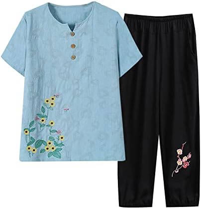 Летни облеки за жени памучни постелнини со кратки ракави на горното и долниот сет удобно глуварче печатење салон за панталони панталони