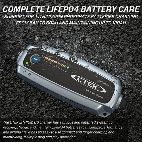 CTEK 56-926 LITHIUM US | Целосно автоматски литиум јонски фосфат LifePo4 полнач за батерии | 5.0AH - 60AH | Полнење за одржување до 120AH