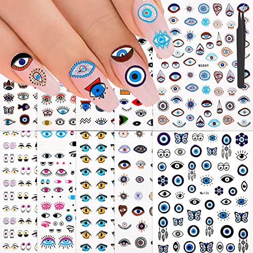 10 листови налепници за нокти за очи за украсување на ноктите, уникатен само-лепете сино око шарм pegatinas para uñas turkish