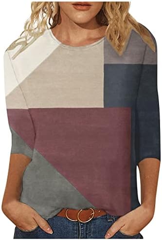Женски маички со маички трендовски геометриски крпеница во боја печатено тенок фит 3/4 ракави блуза тркалезни врвови на вратот