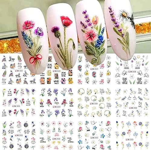 12 листови пролетни налепници за уметност на ноктите за пренесување на вода Декласи за нокти, цветни треви дизајни за нокти за жени