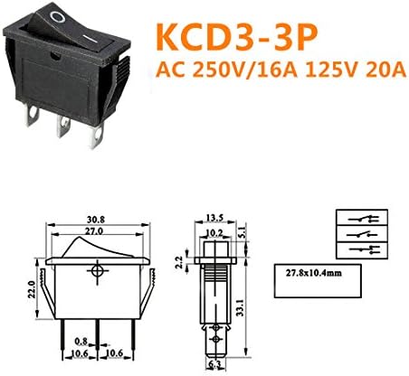 Willwin 10PCS KCD3-3P 3PIN SPST Вклучено/Исклучено Рокер прекинувач AC 16A/250V 20A/125V