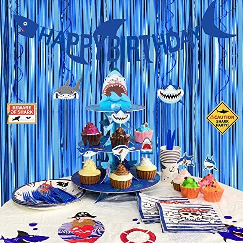 3 нивоа ајкула картонска чаша стојат за роденденски материјал, држач за кекс десерт со држач за кекс со 24 парчиња торпи за деца за деца