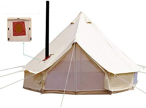 Unistrengh 4 сезона Големо водоотпорно памучно платно, bellвонче шатор, беж гламбинг шатор со шпорет на покривот, Jackек дупка за кампување