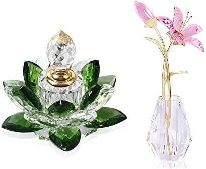 YWHL Crystal Lily Flower Figurine со вазна за двојка, шишиња со парфеми со зелена кристал празни лотос цветни фигурини подароци за