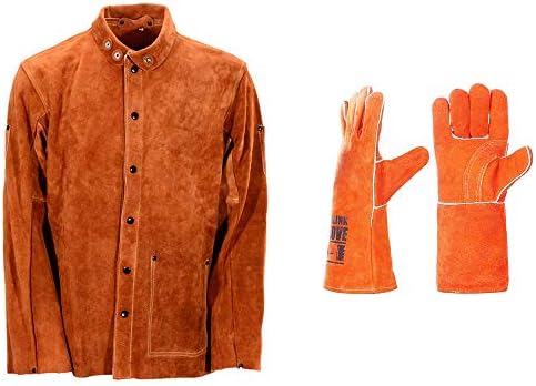 Работна јакна за заварување со кожа Qeelink со нараквици отпорни на пламен, отпорни на пламен, разделување на кожени кожни заварувачи