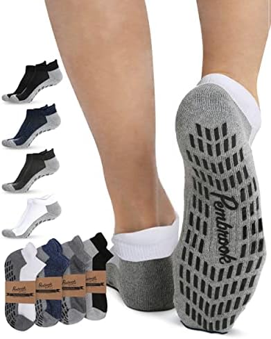 Чорапи со јога од Пембрук со зафати за мажи - 4 пара унисекс не лизгачки чорапи Менс | Чорапи со грипер за мажи | Грипи чорапи мажи