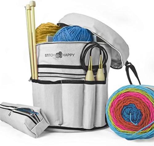 Stitch Среќен дизајнер за плетење торба со предиво со 7 мулти-употреба џебови и екстра голем џеб со патент за материјали за капчиња