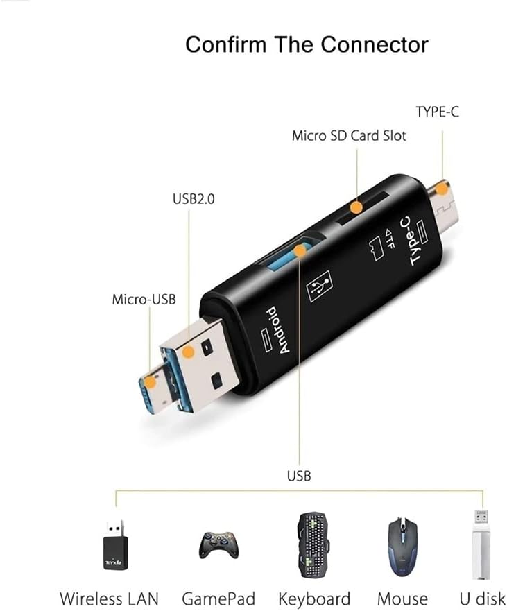 Волт+ 5 во 1 Мултифункционален читач на картички компатибилен со Xiaomi Redmi 7A има USB Type-C/ MicroUSB/ TF/ USB 2.0/ SD читач на картички