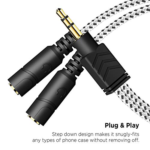 Сплитер за слушалки Dukabel, плетен 3,5 mm аудио сплитер TRS 3 -пол -Aux Splitter кабел за слушалки за слушалки -Зебра бела/2pack